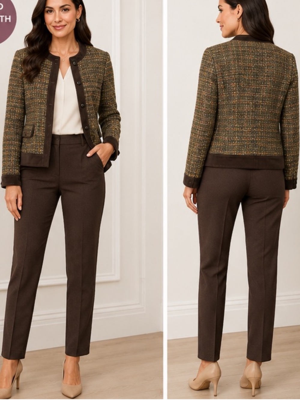 Talbots Womens Vintage Jacket 8P Tweed Button Front Brown Velvet Trim 8P Petite